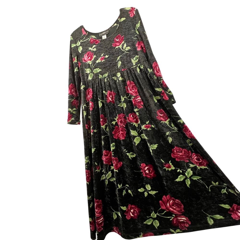 Vintage 90s Molly Malloy Velvet Babydoll Dress 6 Black Roses Grunge Whimsigoth